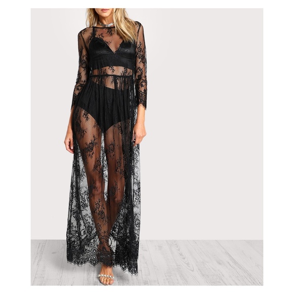 Black Sheer Floral Lace Maxi Dress - Picture 2 of 5